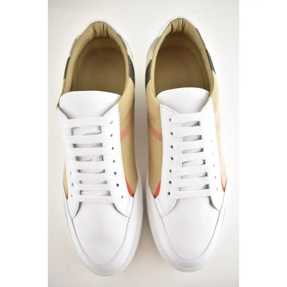 Burberry Salmond Vintage Check White Leather Logo Lace Up Low Top Sneaker 41